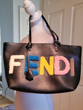 Fendi Black Leather Tote with Multicolor Fuzzy Logo